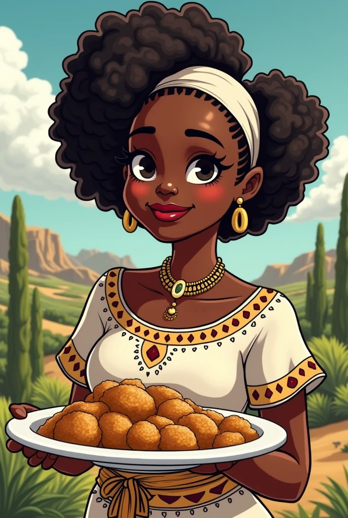 Femme noir d'au moins 40 ans, un peu grosse tenant un plat nourriture africaine vu de face avec des tresses africaines décor en blanc, habit traditionnel, toute souriante style dessin animé et format photo paysage