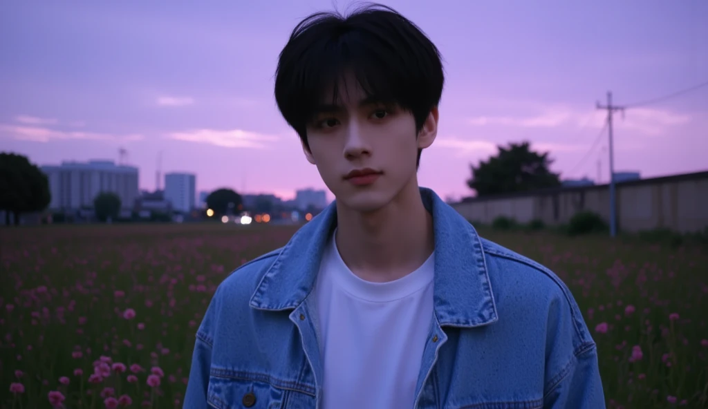 full body of a Korean man whose face is a bit sad and gloomy but he is handsome and handsome. The kpop idol is wearing a white t-shirt and blue jeans jacket as if he is standing straight ahead, the camera is from in front of him, like he is in a beautiful flower garden which is quite dark with sky and clouds purple and cloudy