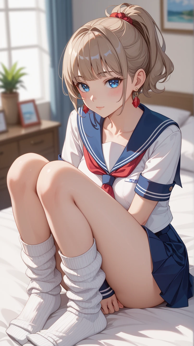  super high res、 top quality 、masterpiece、 high detail 、 very detailed、 accurately drawn body 、1 person、20-year-old woman、 Light Brown Hair、 Short Ponytail、 blue eyes、Glossy Eyes 、 textured skin、 slender 、 summer sailor suit 、 miniskirt、 Loose Socks 、 earrings for women with first name、 bed、sit、blush、 simple background,  Blurred Background、