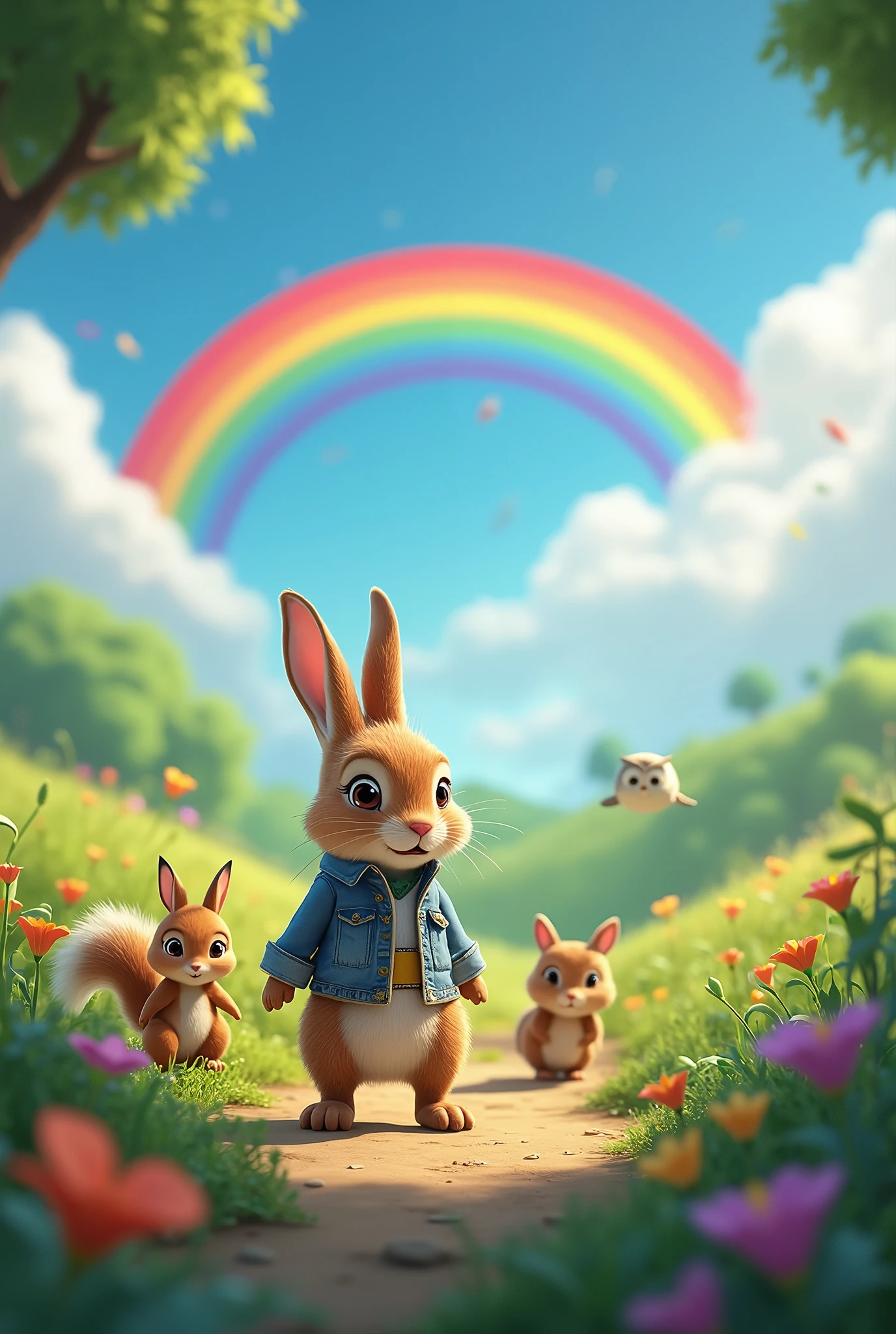 grassland, (A little rabbit is weeding with a shovel:1.3), 1 swallow flying low, rain, Vivid colors, Super high saturation, RGB color, Bright