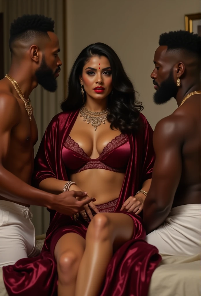 Create a hot indian mature lady wearing a velvet bra and panty with open satin bathrobe with red bengels inboth hands with figure of 38DD--36--42. With Hindu sanskari married woman one hand inside panty with Red bindi on head and seating on the bed with wearing big thick golden chain and bridal makeup with two African man in white boxer and big banana shape created inside boxer and lady touch hand on boxer.