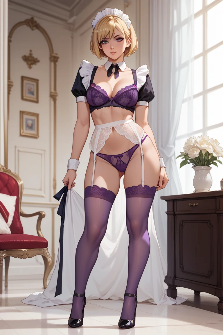 whaite hair,A succubus girl with pink eyes。Wear a miniskirt ,Ultra-thin underwear ,Wearing purple stockings,Fork the legs,Kneeling on the bed and pouting his ass。Reveals lingerie lace,Very nice pictures。