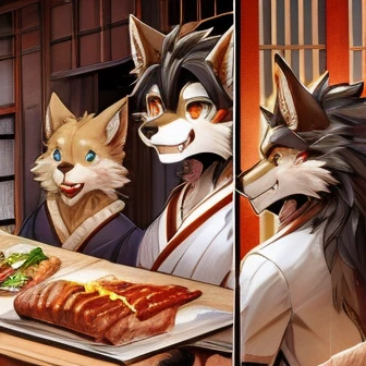 Japanese Manga 、Make 4 scenes of cute werewolves into pictures、Birthday werewolf story、 4 scene comics where they present delicious meat、Delicious meat dishes as gifts、 happy face、 Your smile is cute 、 werewolves talking about meat 、