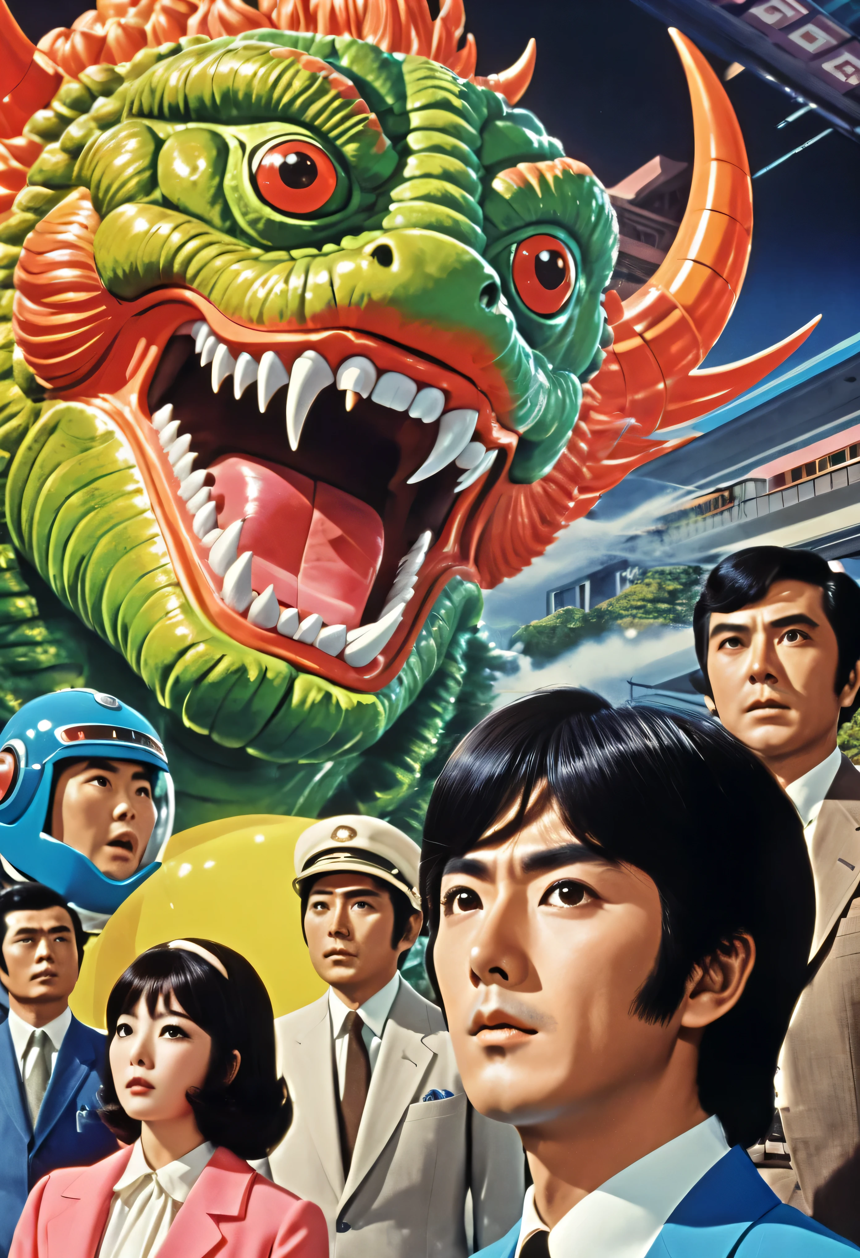  Manga characters,    1970's comic art   ,    1970's Japanese TV    show monster, detailed    Digital Paint,    bright color,    dynamic composition   , Dramatic lighting,    vintage aesthetics      , ( top quality,4K,8k,     high definition   ,masterpiece:1.2),  {{more}} ,(   realistic   ,photo   realistic   ,photo-   realistic   :1.37),   Extremely Detailed Eyes and Faces  ,   has long eyelashes,  Beautifully Drawn   ,   dynamic composition   ,Dramatic lighting,   bright color,   retro anime style poster 、  retro futuristic   ,1960s anime   ,   1970's Japanese TV   ,  Tsuburaya Productions , only one of kaiju  ,  SFX transformation hero  , Manga art,   Digital Paint