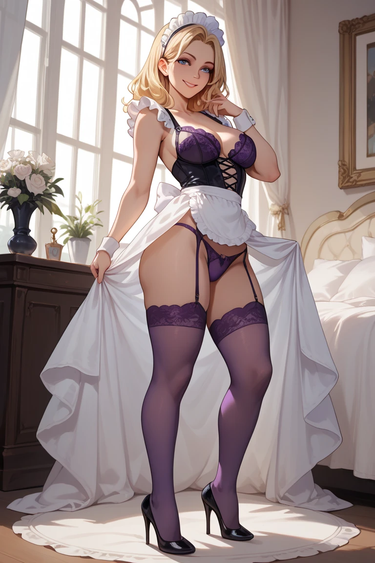 anime, beautiful face, highly detailed face, 2 accurate legs detailed eyes, highly detailed background, perfect lighting, accurate arms, accurate hands, accurate fingers, full body, 1girl, solo, ruby hoshino, oshi no ko, indoors, detailed heels, black detailed thighhighs, indoors, absurdres, high res, ultrasharp, 8K, masterpiece, looking at viewer, sexy pose, (full body:1.4), smiling with compassion, teasing smile, detailed dress, long see through dress, patterned dress, cleavage, standing, ass view, view from behind, body facing away from viewer, bending over, frilled skirt