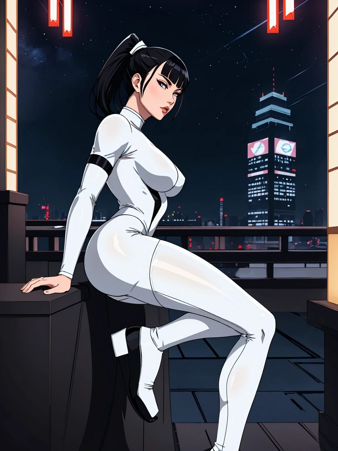 score_9, score_8_up, score_7_up, masterpiece, high quality, BREAK
 
A Japanese villain with black hair, short white bangs, sensual, seductive, sexually suggestive ponytail, standing with one leg bent, feet resting on the other leg, arms at the sides seen from the side, wears a white bodysuit with kung ful symbols , she is using a Shuriken, city, night, terrace