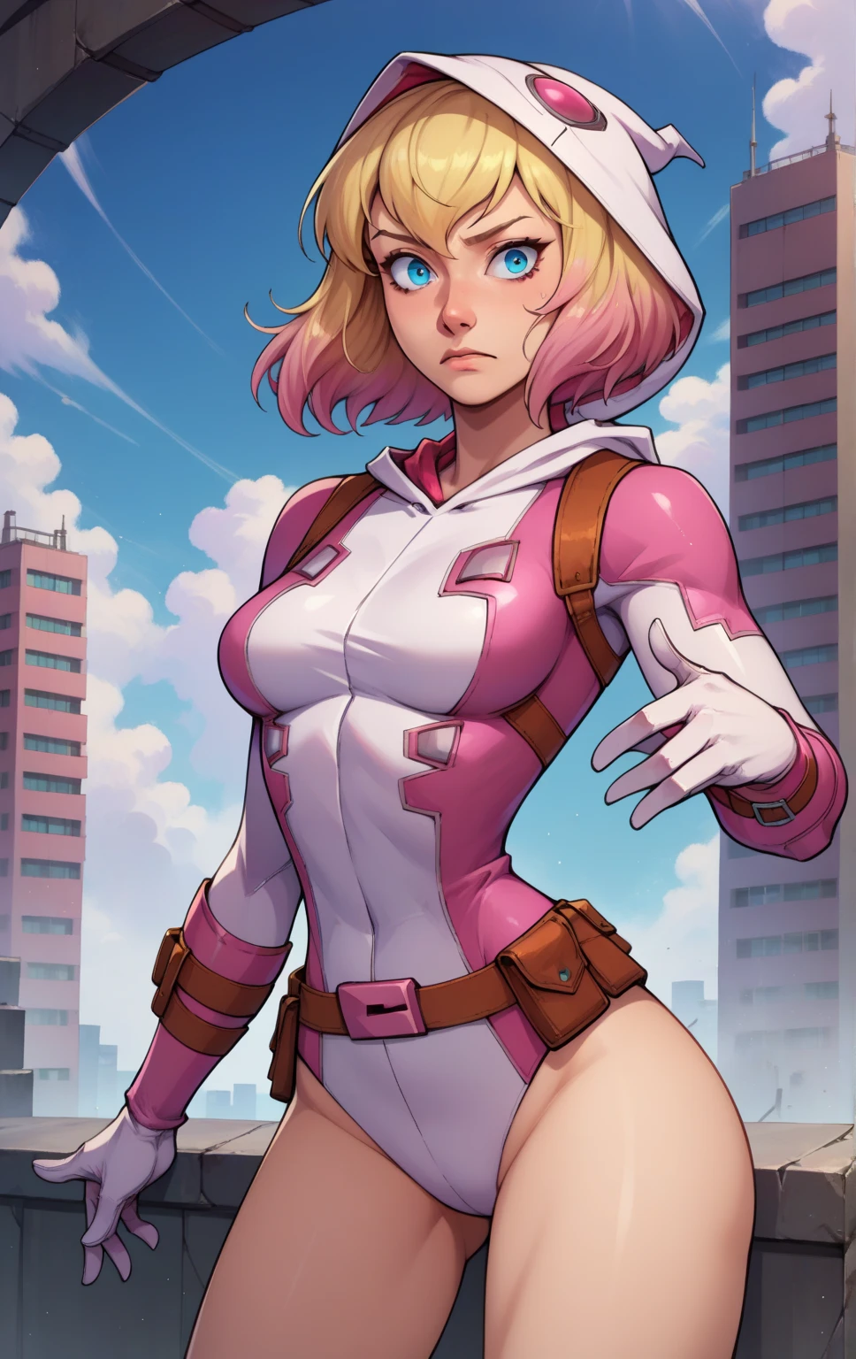 score_9, score_8_up, score_7_up, BREAK GwenpoolSDXL, 1girl, solo, breasts, short hair, blue eyes, blonde hair, detailed background, gloves, medium breasts,cowboy shot, pink hair, multicolored hair, hood, two-tone hair, bodysuit, gradient hair, animification, superhero, hooded bodysuit, belt, leotard, white gloves, background, sky, Sole of feet