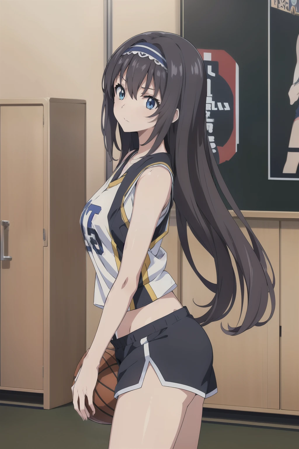 One Girl, alone, whole body, blush, smile, I401KC, Brown Hair, Short ponytail, White shirt, Sleeveless,One piece swimsuit, Bare arms, Sleeveless shirt, headgear, School Swimsuit, Sunburn, Sunburnlines, dark skin, Wear a swimsuit under your clothes, Sailor shirt, Orange sailor collar, From behind, 