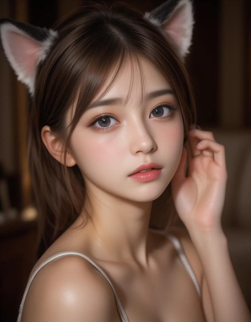 cat ears、  raise your face、(((  lying in bed )))、Completely naked、   charming,    cute girl,  ponytail、  ((    delicate facial features  ,  eroticism)),   Dramatic lighting    ,   realistic  , 8k,      dramatic shadows  ,     intricate and elaborate pattern      ,       is       ,      chiaroscuro lighting    ,      beautiful color   ,     Deep Contrast    ,     super real 、   Put Pink Lipstick 、  warm room、An old fireplace  、  Cinematic composition lying on an autopsy table 、 face close-up 