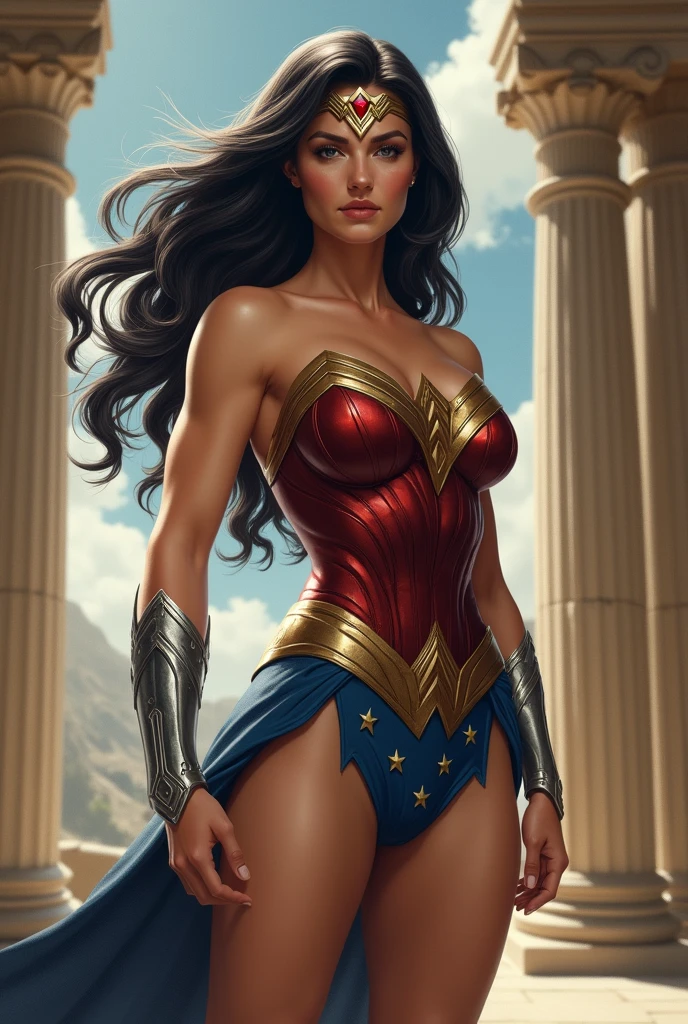 masterpiece, best quality, 1girl, wonder woman, solo, leotard, boots, powerful, superhero, burning sky, colosseum background, ancient greece background