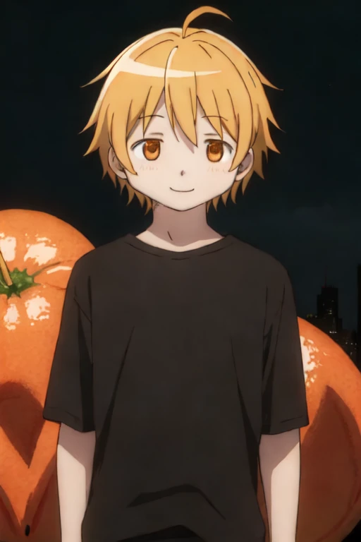 A boy with cute ahoge and dark yellow cute short messy hair and have a dark orange eyes and wearing a black shirt and he is smiling