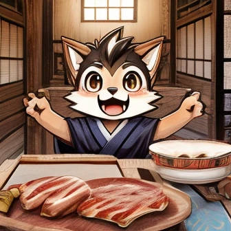 Japanese Manga 、Make a picture of a cute werewolf in 4 scenes、A cute werewolf story 、 4 scene comic where they present delicious meat、 A werewolf with a happy face's smile is cute、 A werewolf comic with happy flesh 、