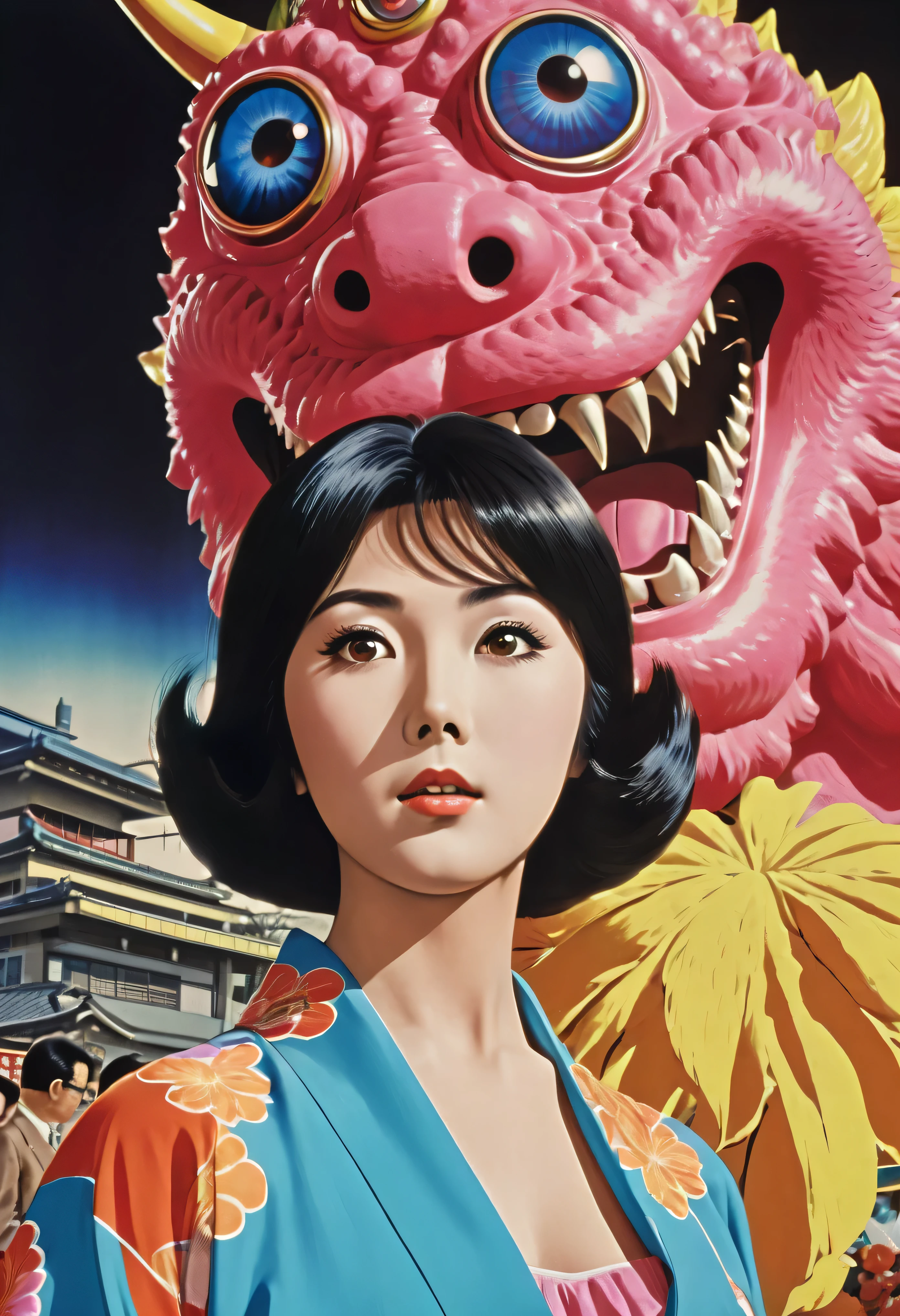 Manga characters, 1970's comic art , 1970's Japanese TV show monster, detailed Digital Paint, bright color, dynamic composition , Dramatic lighting, vintage aesthetics , ( top quality,4K,8k, high definition ,masterpiece:1.2), {{more}} ,( realistic ,photo realistic ,photo- realistic :1.37), Extremely Detailed Eyes and Faces , has long eyelashes, Beautifully Drawn , dynamic composition ,Dramatic lighting, bright color, retro anime style poster 、 retro futuristic ,1960s anime , 1970's Japanese TV , Tsuburaya Productions , many kaiju , kimono lady , SFX transformation hero , Manga art, Digital Paint