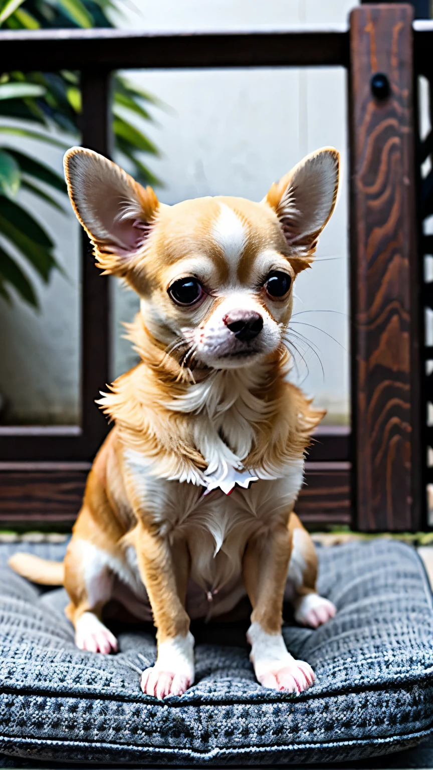 Chihuahua　gum　 is angry　whitecolor
Sitting on a cushion視線を向ける,  holding a star , 