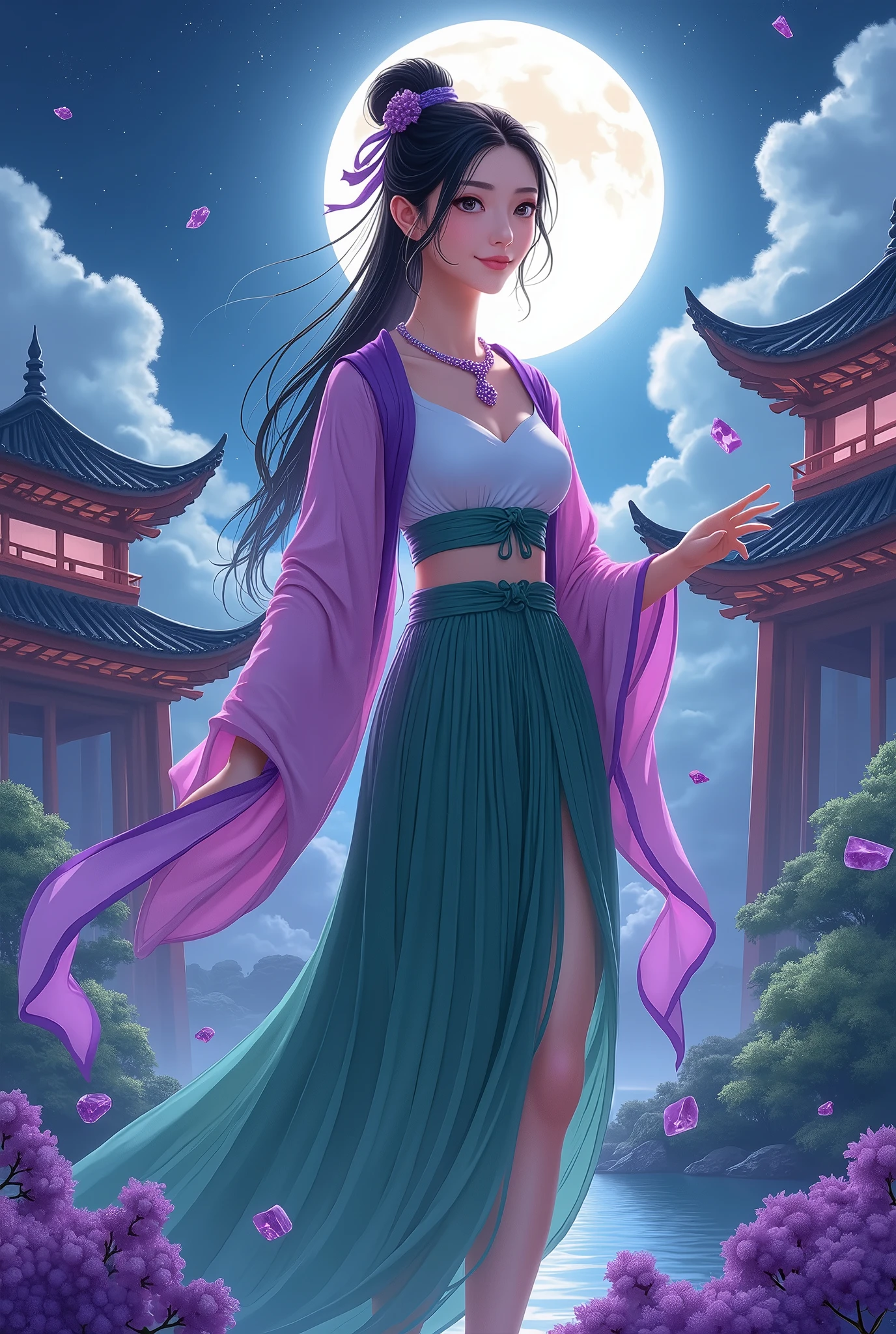  traditional Asian pagodas , Beautiful narrow eyes, Beautiful woman like a goddess, pink and purple satin ,  green grass pleated skirt,  pie crust needs to be explained in detail ,  purple jade is scattered ,  purple jade necklace ,  moonlight, Under the night sky, Clouds and Stars .  anime art, Cartoon Art, 