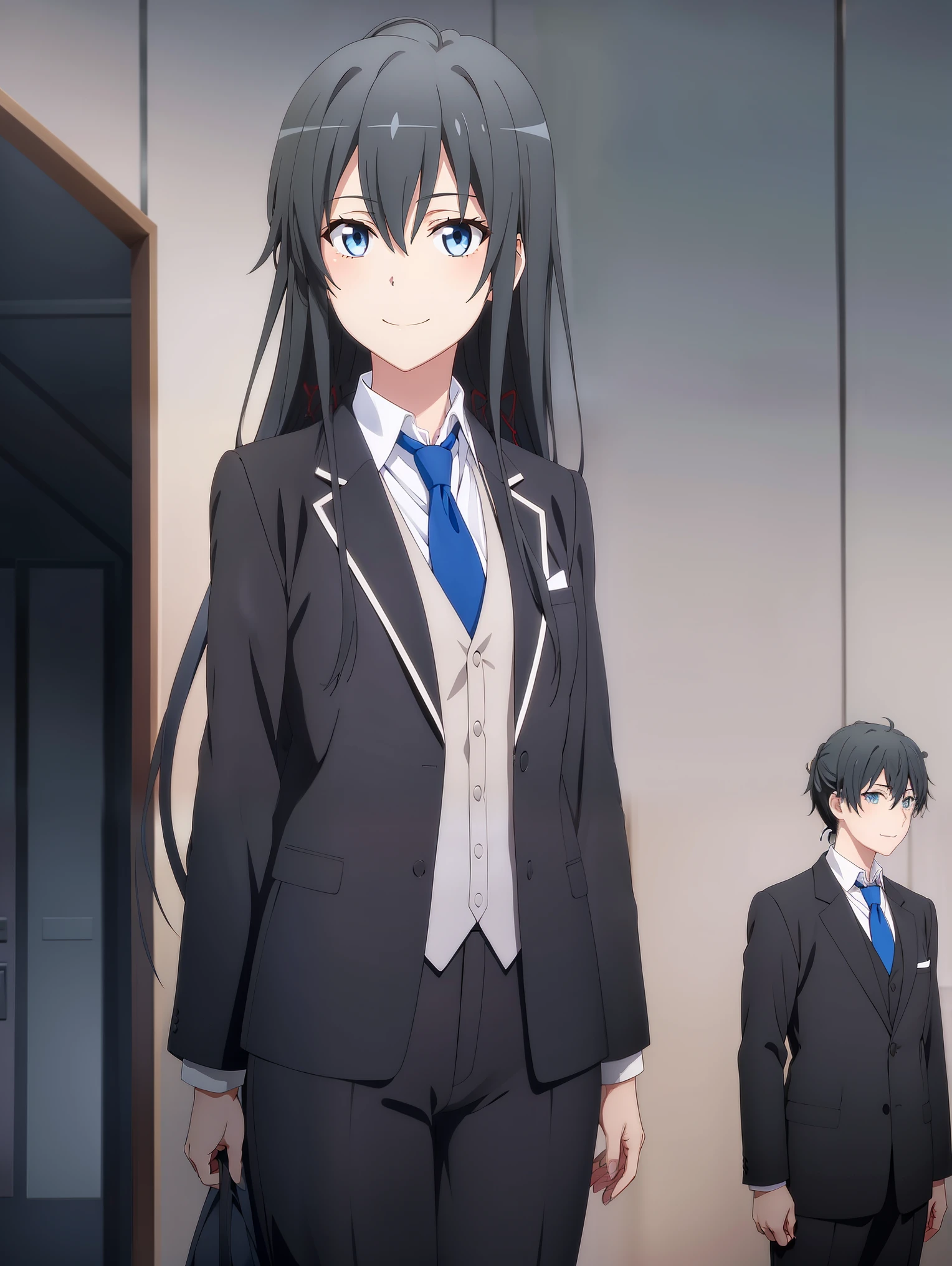1girl , solo , yukinoshita yukino , black hair , blue eyes , score_9, score_8_up, score_7_up, score_6_up, score_5_up, score_4_up1girl, solo, yukinoshita yukino,, suit tuxedo , , long hair, bangs, sidelocks, indoors, standing,happy,smile,looking at viewer, cowboy shot, blue tie woman in formal attractive suit tuxedo tailcoat standing in a large alcove in the room, , reaching towards viewer , one hand , badass , hand on back