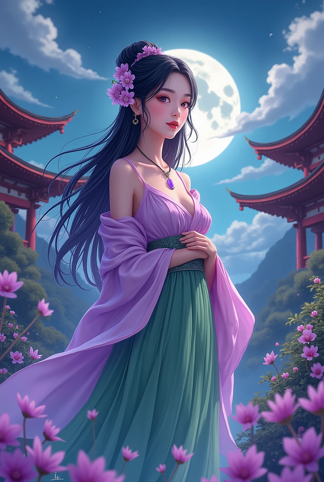  traditional Asian pagodas , Beautiful narrow eyes, Beautiful woman like a goddess, pink and purple satin ,  green grass pleated skirt,  pie crust needs to be explained in detail ,  purple jade is scattered ,  purple jade necklace ,  moonlight, Under the night sky, Clouds and Stars .  anime art, Cartoon Art, 