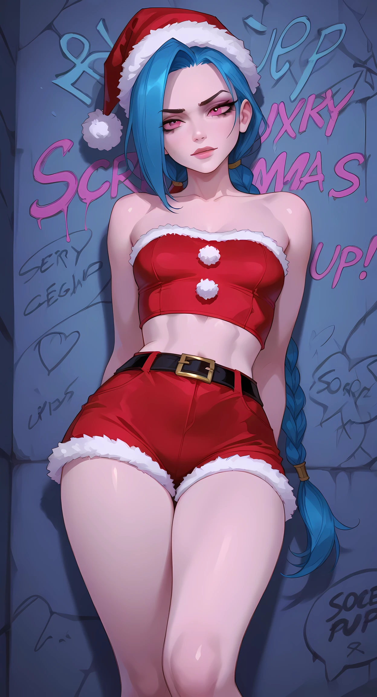 jinx_(league_of_legends), league_of_legends, 1girl, blue_hair, pink_eyes, dynamic pose, santa outfit, graffiti wall background