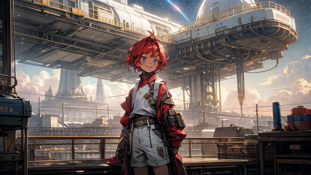  girl１people、Futuristic Building、 Golden airship flying in the sky、night、真night中、universe、Not a single cloud、 starry sky 、sit、 Looking up at the distant sky 、 Shorthair、 shortcuts、Red Hair Color、 blue eyes、、 boyish 、アジアpeople、smile、 elementary school students、 tanned skin、 thin、Freckles、 white shorts、 white tank top 、 red jacket、 low position、