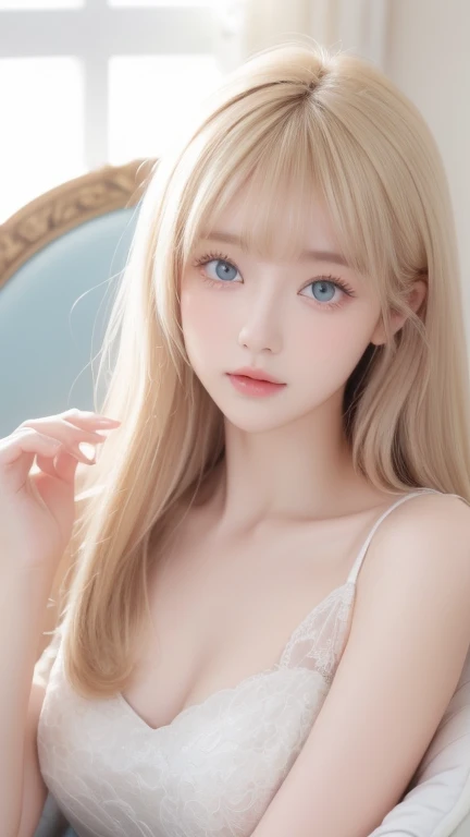 Very white、 very beautiful in a chair 、Beautiful girls of the world、 very beautiful in a chair きれいな顔をした女の子、beautiful beautiful blonde hair、 Half body shot of an extraordinary beautiful girl 、Eye-blocking bangs 、Beautiful long bangs、Beautiful bangs between the eyes、 striped hair、Round face、 very bright very bright pale mint green eyes、 super long straight silky hair 、 very beautiful bright very bright iris 、 big eyes、Pure white and beautiful skin、 the luster of young cheeks 、 pink dress、The beauty of a small face、Round face、 Big Breasts 