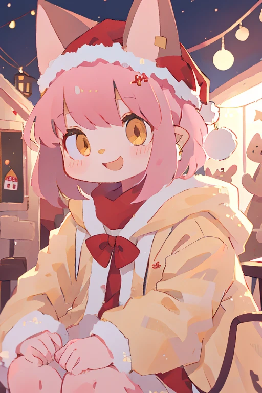 woman、 pink hair、Cat ears、 medium short hair that sits back、Yellow Eyes、Earrings、Furry、 duffle coat、 muffler 、 Christmas、 Illuminations、Santa、cute、smile、、Close-up