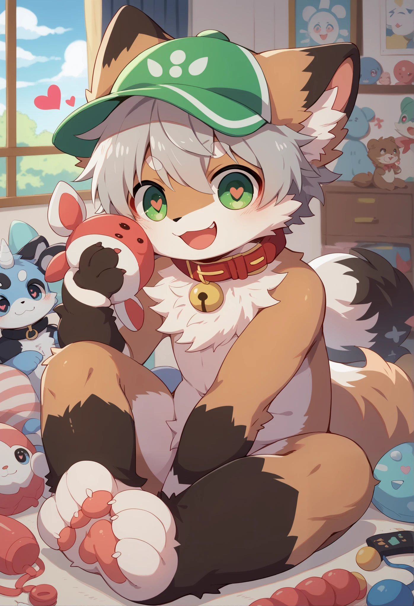 very detailedな, very detailed, brown fur gray hair ,Brown Hair,,male,骨を見て excited,Heart Eye,participate, green、white、And a multicolored hat , cute face, sitting!,Red collar,Black Ear , something like fluffy fur , excited,Horny boy,美しいroom, room ,smile,Dropped ears,naked, play with toys ! my mental age ,want,