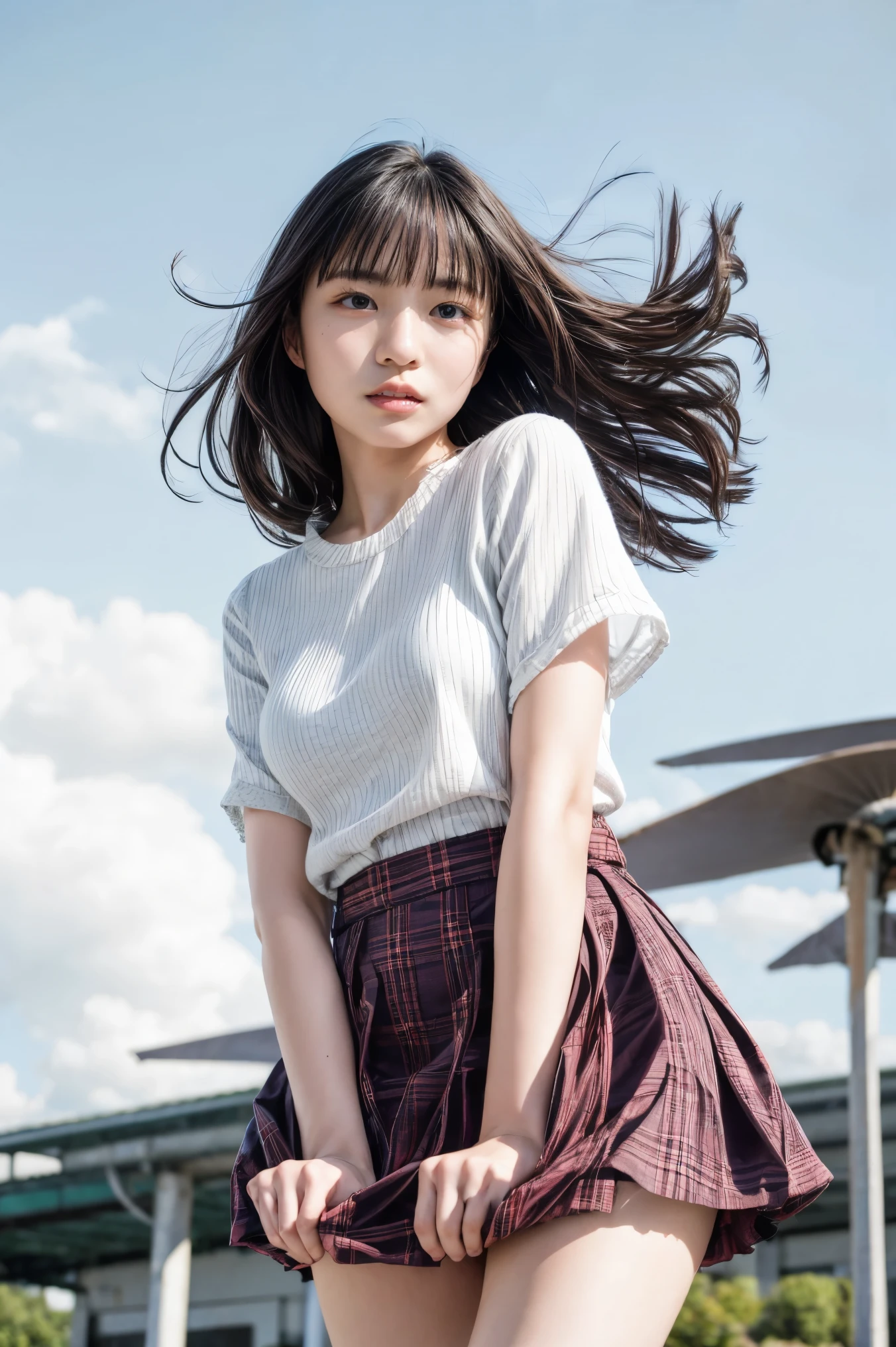 realistic, photo-realistic, masterpiece, best quality, RAW photo, high resolution, intricate details, extremely detailed, cinematic lighting, portrait, solo, 1girl, a Japanese woman, pale skin, (detailed face, detailed eyes, sophisticated nose), white blouse, plaid miniskirt, (skirt tug, clothes tug, wind, wind lift:1.5), photo background, outdoors,