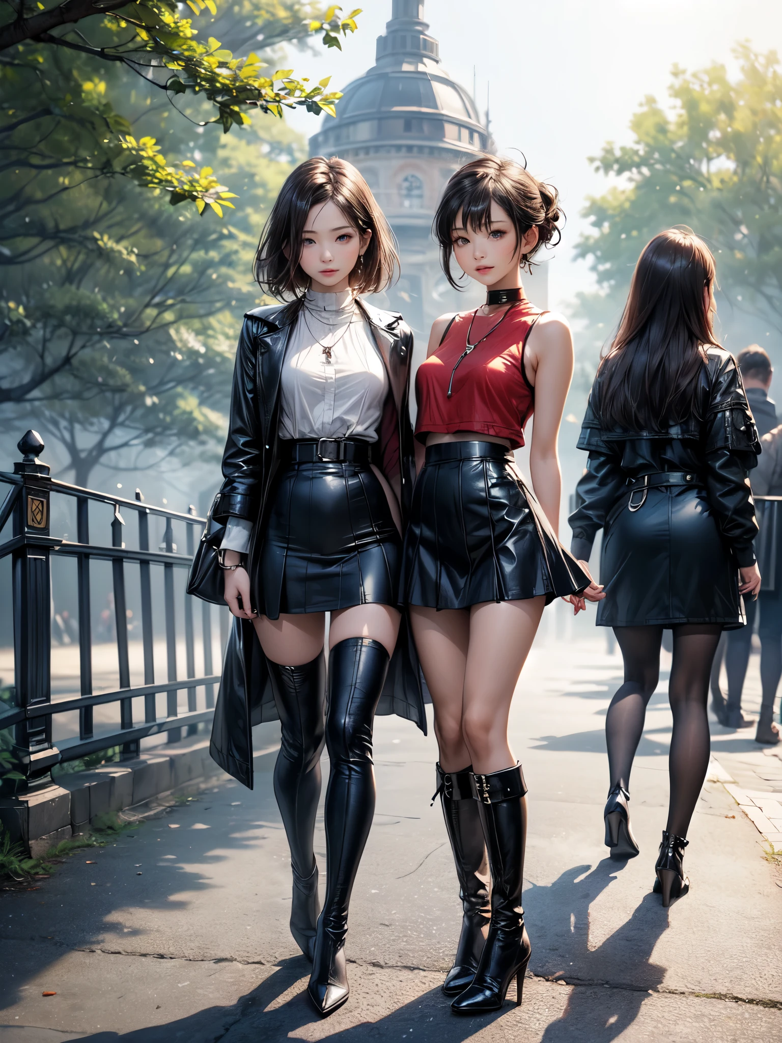 Asian woman with brown hair, tall figure, wearing only black stockings and high heels --auto