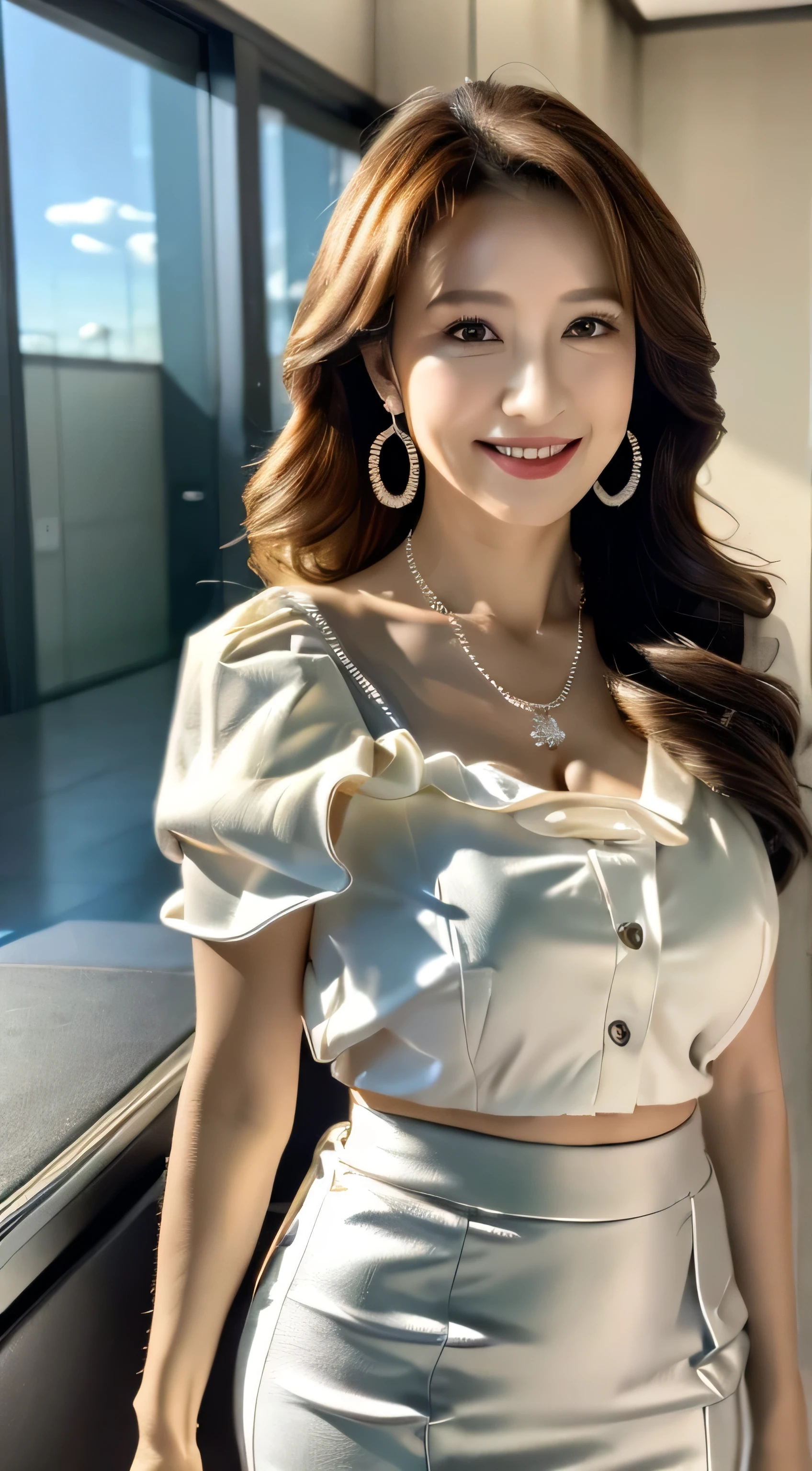 ulzzang -6500-v1.1、(Raw photo:1.2)、(フォトreal)、beautiful details、(real:1.4)、ighly detailed eyes and face、beautiful detailsな目、standing in the office、(超realなパンスト、high heels)、standing cross-legged、huge file size、High resolution、very detailed、highest quality、[masterpiece:1.6]、illustration、very detailed、nffsw、fine details、highest quality、8K wallpaper、cinematography lighting、1 milf、43 years old、perfect body shape、cute sagging eyes、beautiful big eyes、Pieck finger、((muste piece))、highest quality、1 milf、eye shadow、Portrait、((full body shot:1.4))、(very affectionate smile:1.2)、((brown super long hair:1.2))((loose and wavy hair:1.3))((white ruffle blouse_White mini skirt:1.2))((gold necklace_large earrings:1.3))