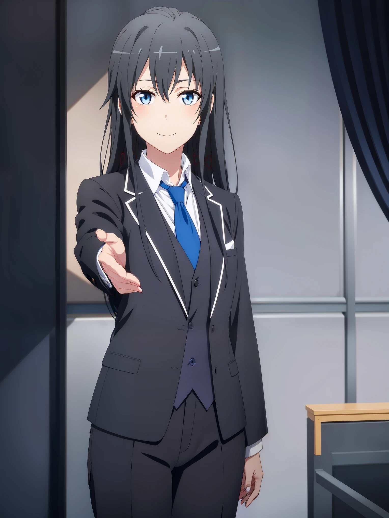 1girl , solo , yukinoshita yukino , black hair , blue eyes ,1girl, solo, yukinoshita yukino,, suit tuxedo , , long hair, bangs, sidelocks, indoors, standing,happy,smile,looking at viewer, cowboy shot, blue tie woman in formal attractive suit tuxedo tailcoat standing in a large alcove in the room, , reaching towards viewer , one hand , badass , hand on back