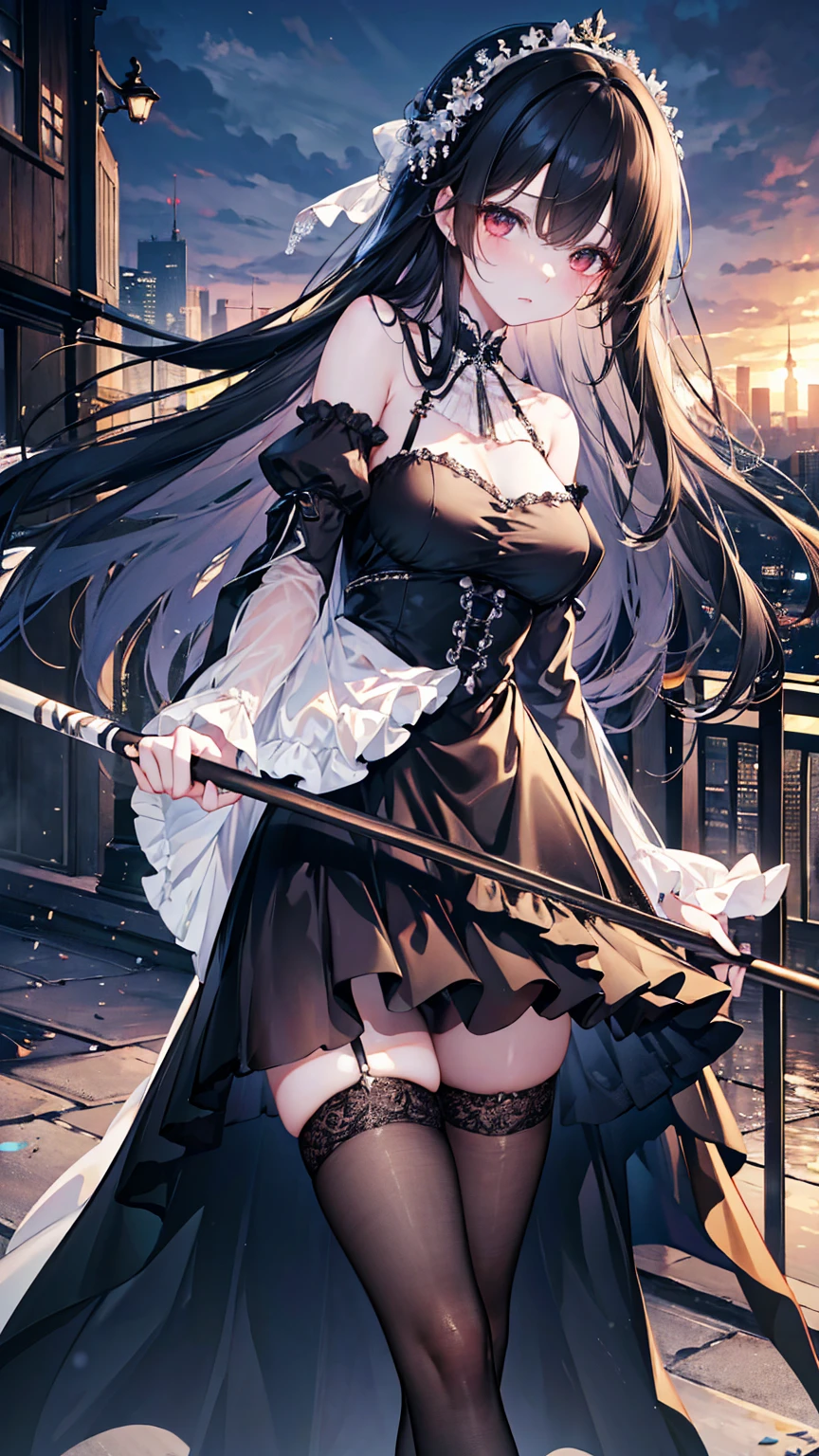 "A powerful yet cute young girl with long, jet-black hair, with one eye partially covered by her hair, adding a mysterious allure. Her visible eye is a bright, clear blue, with intricate details in the iris that sparkle with both intensity and a hint of innocence. She wears a black maid outfit with a modern, armored twist, featuring Gothic motifs and frilly details. She confidently holds an ornate sword, surrounded by a glowing, magical aura. Her skin glows softly, contrasting with the dark outfit, and her expression is a mix of strength and charm. Ethereal effects like glowing particles and lightning arcs surround her. The background is a stormy sky, with a soft glow highlighting her presence