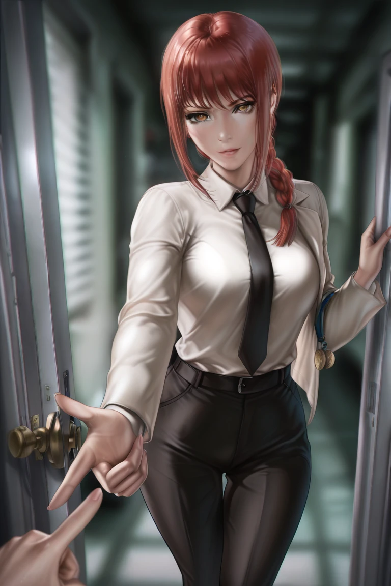 dandonfuga, perfect composition, beautiful eyes, detailed face, high detail,digital art,best quality, detailed skin, detailed hands, vibrant, highly detailed, award-winning, professional BREAK
1girl, opening door, makima \(chainsaw man\), pointing at viewer, finger gun, reaching out,
