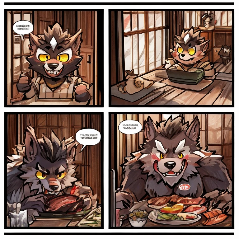 (part々Make a comic with 4 scenes about a cute werewolf that makes you happy)、A cute werewolf story 、 4 scene comics where they present delicious meat、 A werewolf with a happy face's smile is cute、 A werewolf comic with happy flesh 、