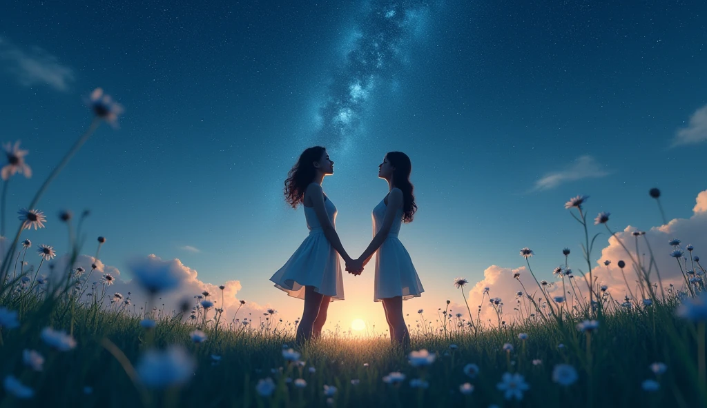 A stunning view of a couple lying in a meadow, holding hands, looking at the vast starlit sky, symbolizing deep and endless love.cinematic 3d