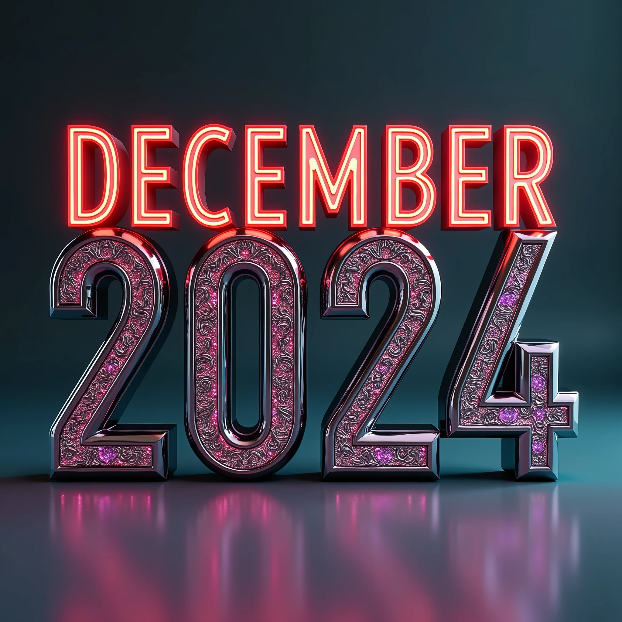   on chrome plated silver background  ,  Red and green font letter spelling "December 2024",  Light purple font letter  {x}  spelled out with detailed intricate metal decorative pattern ,  Photorealistic , 8k,  high definition,  dramatic lighting ,  Movie-like ,  elegant , Luxurious,  High Quality 