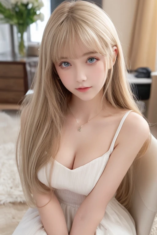 Very white、 very beautiful in a chair 、Beautiful girls of the world、 very beautiful in a chair きれいな顔をした女の子、beautiful beautiful blonde hair、 Half body shot of an extraordinary beautiful girl 、Eye-blocking bangs 、Beautiful long bangs、Beautiful bangs between the eyes、 striped hair、Round face、 very bright very bright pale mint green eyes、 super long straight silky hair 、 very beautiful bright very bright iris 、 big eyes、Pure white and beautiful skin、 the luster of young cheeks 、 pink dress、The beauty of a small face、Round face、 Big Breasts 