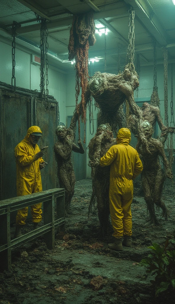 A sterile, clinical room with harsh fluorescent lighting. Ten monstrous humanoids are chained together in a central feeding pen made of rusted metal, with reinforced bars. Each monster is unique: one has multiple heads with gaping mouths, another oozes a toxic liquid from open sores, and a third has grotesquely swollen limbs covered in spiked growths.

The workers in yellow hazmat suits cautiously approach the pen, carrying oversized mechanical arms that deliver slabs of raw, rotting meat to the creatures. One worker appears to be documenting the feeding process on a clipboard, while another stands guard with a high-voltage weapon. The monsters lunge at the food, their grotesque features illuminated by the flickering lights above, as warning sirens echo faintly in the background.
