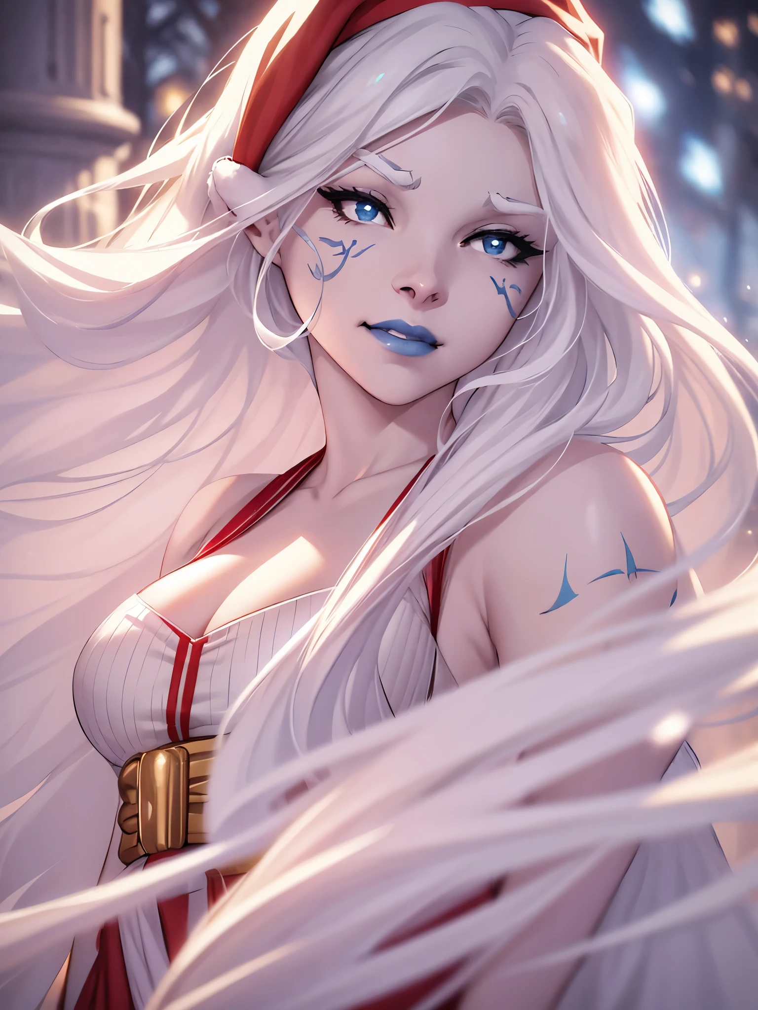 star wars, jarael, alabaster skin, long white hair, ((blue lips)), ((white eyebrows)), wavy, hair, wearing a santa claus dress and santa hat, sexy, cleavage, by a christmas tree, smiling, underneath mistletoe, sensual eyes, highly detailed