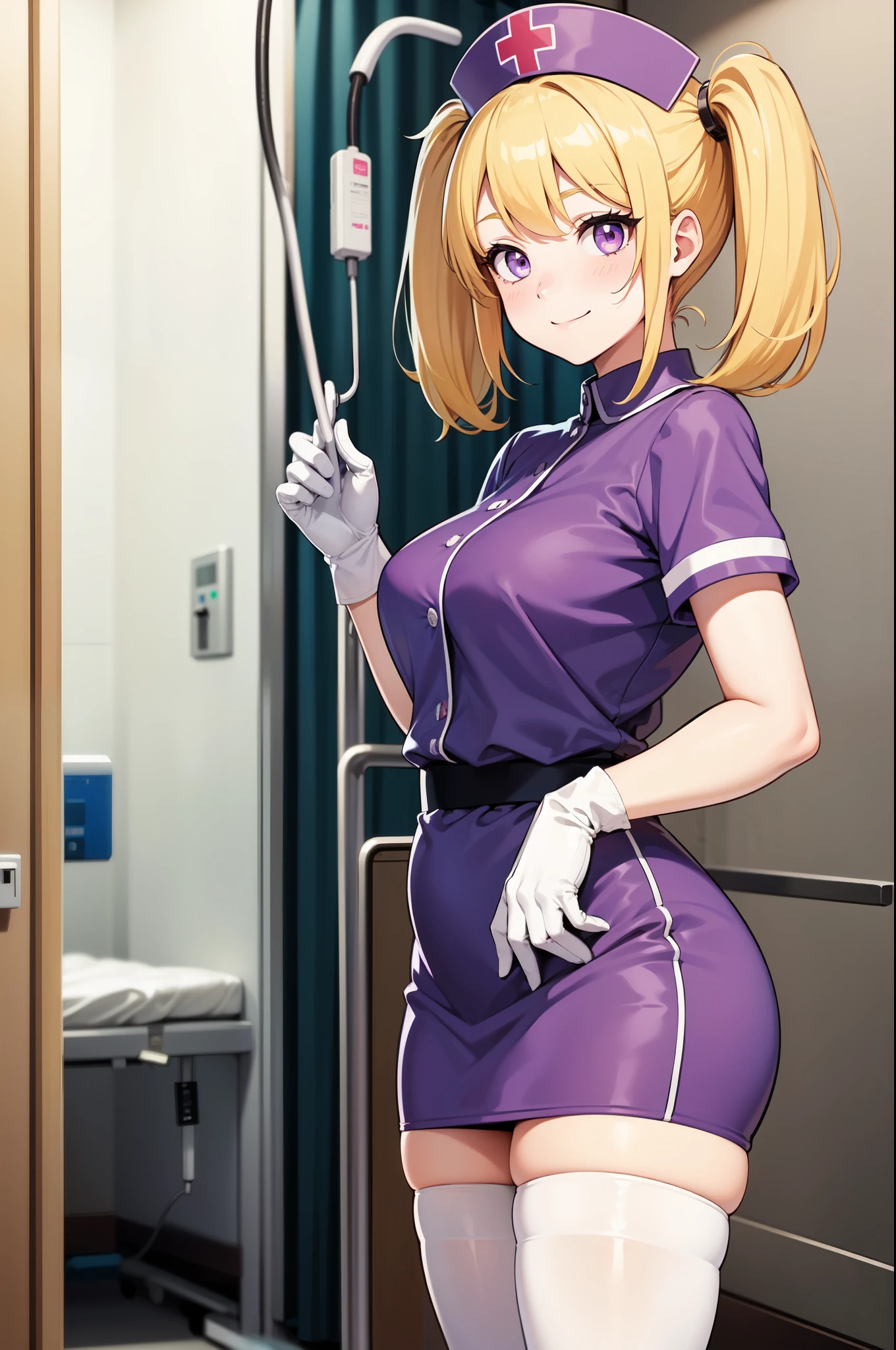 1 girl, alone, nurse, nurse cap, white clothes, ((white legwear, zettai ryouiki)), white gloves, twin tails, yellow hair, purple eyes, smile, Are standing, ((hospital room)), sharp outline, short sleeve, highest quality, masterpiece
