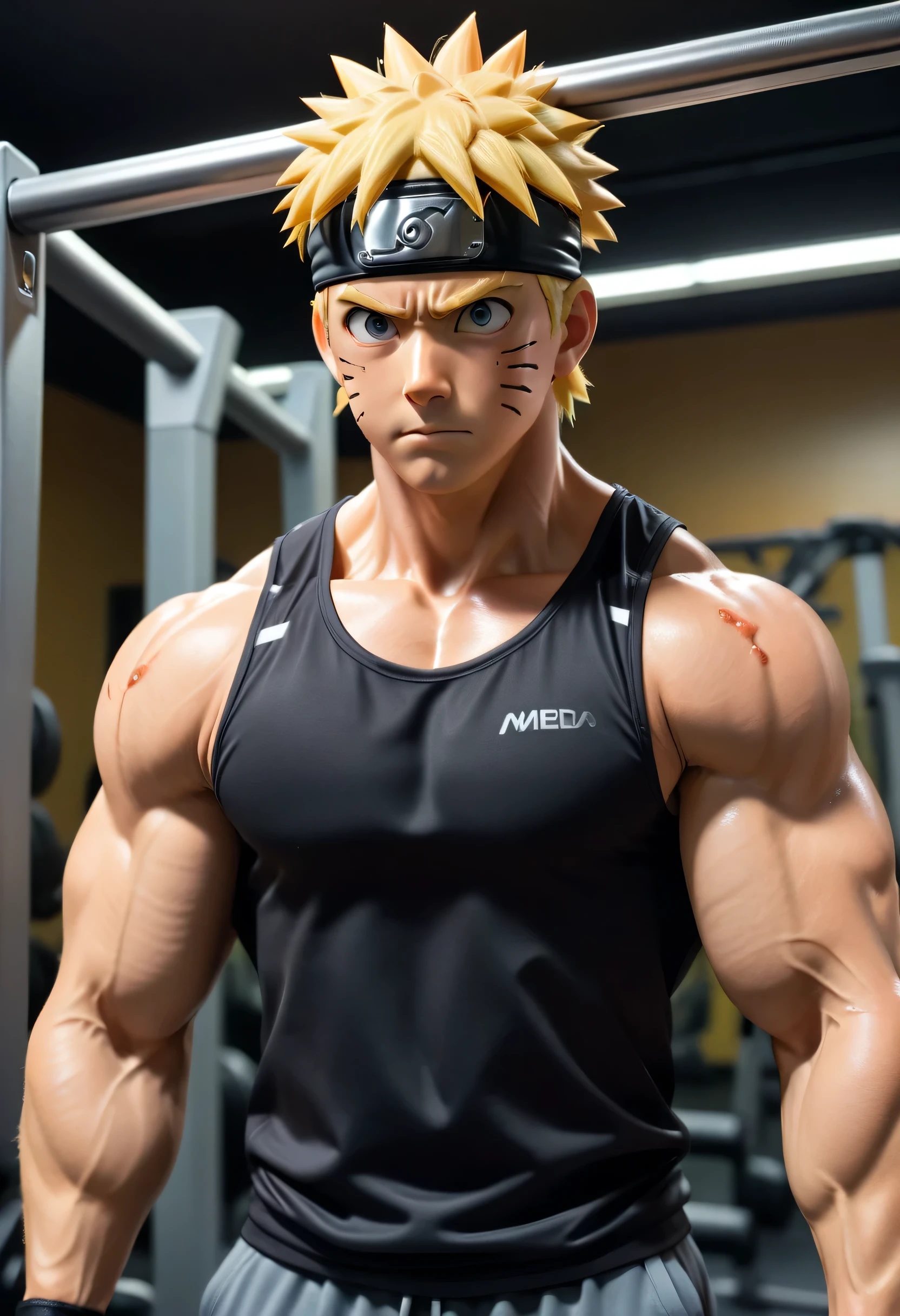 A highly detailed and realistic portrayal of Naruto Uzumaki mid-rep on a pull-up bar in a modern gym. His strong, muscular back is fully visible, showcasing well-defined muscles rippling under the strain of the exercise. Naruto’s spiky blonde hair is messy and damp with sweat, and his grip on the bar is firm, with veins popping on his forearms. He is wearing a tight-fitting tank top that reveals his toned traps and shoulders, along with black workout pants. His face is turned slightly upward, and his intense expression shows focus and dedication. The gym background includes a variety of equipment like treadmills and weights, but it is softly blurred to keep the spotlight on Naruto. Subtle lighting emphasizes the sweat glistening on his skin and the tension in his muscles, capturing the power of his workout.