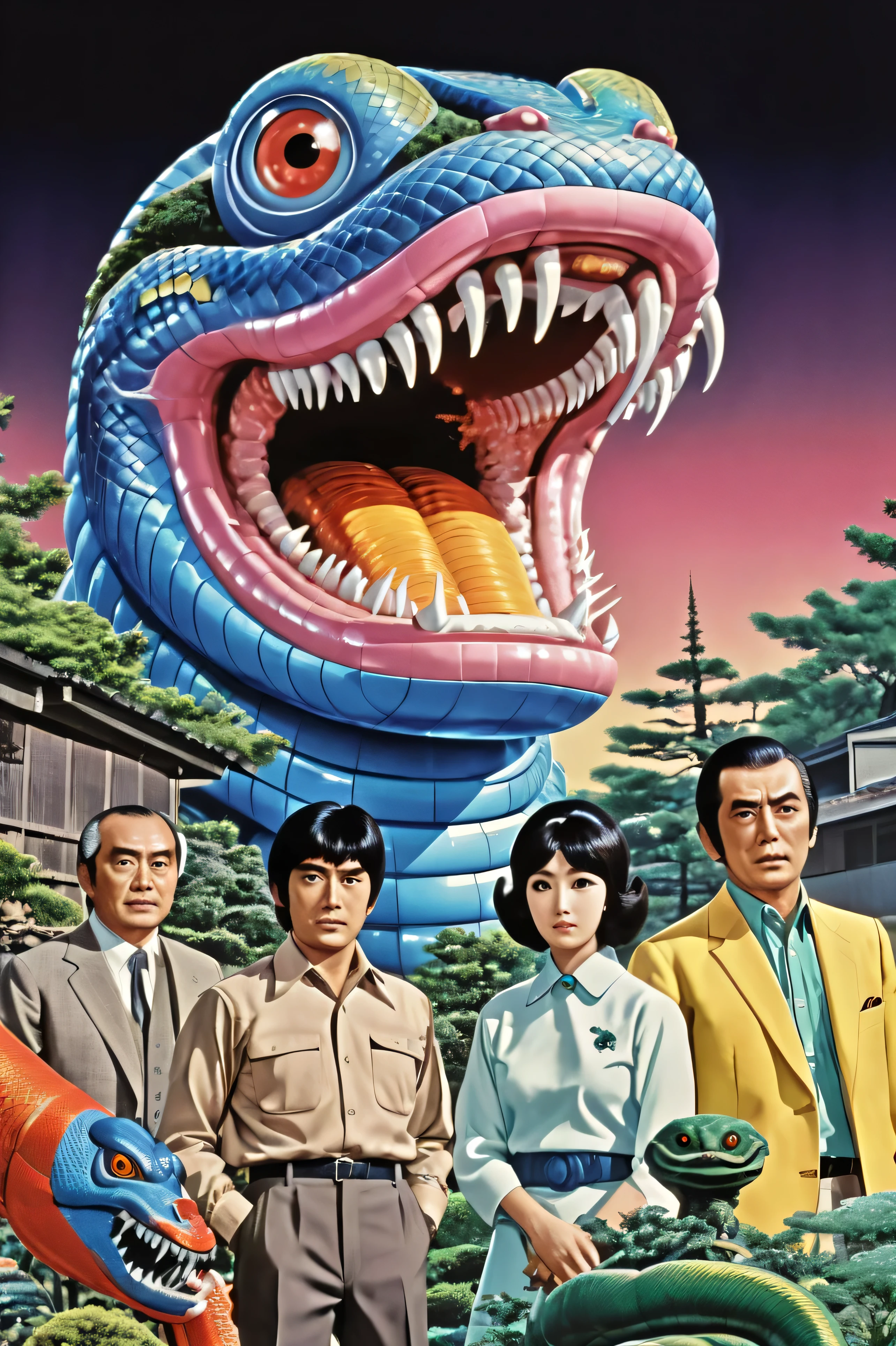  Manga characters,    1970's comic art   ,    1970's Japanese TV    show monster, detailed    Digital Paint,    bright color,    dynamic composition   , Dramatic lighting,    vintage aesthetics      , ( top quality,4K,8k,     high definition   ,masterpiece:1.2),  {{more}} ,(   realistic   ,photo   realistic   ,photo-   realistic   :1.37),   Extremely Detailed Eyes and Faces  ,   has long eyelashes,  Beautifully Drawn   ,   dynamic composition   ,Dramatic lighting,   bright color,   retro anime style poster 、  retro futuristic   ,1960s anime   ,   1970's Japanese TV   ,  Tsuburaya Productions ,   large number of people  , large number of snake ,  SFX transformation hero  , Manga art,   Digital Paint