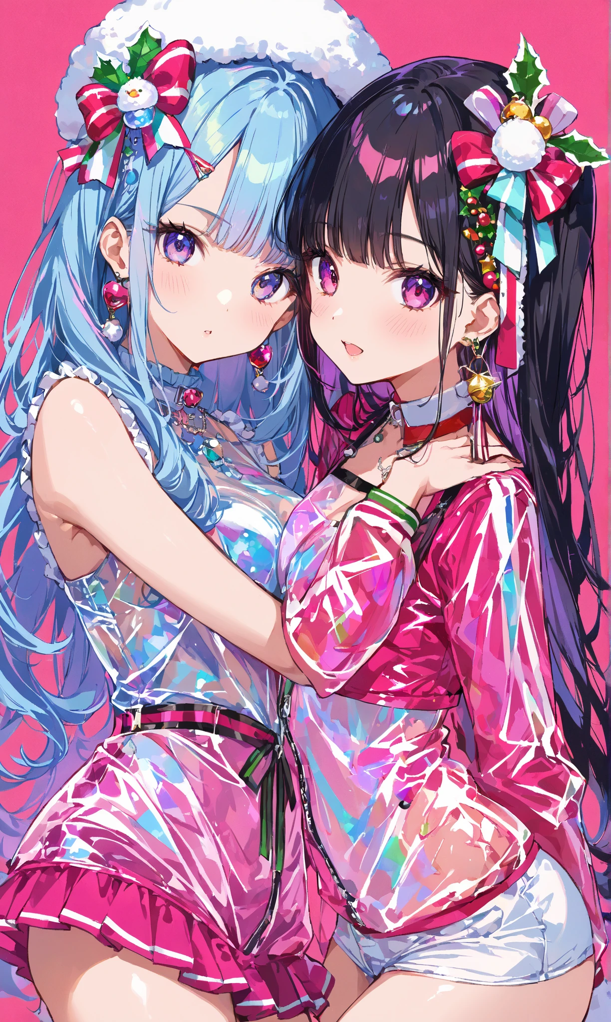 Transparent PVC clothing, Black long hair， Santa Claus clothes ,  prism,  Holographic ,  Color Difference,  Fashion Illustration , masterpiece, Two girls in Harajuku fashion,  viewers, 8k,  ULTRA DETAIL,  pixib
, masterpiece,  top quality , score_9, score_8_ up, score_7_ up,  ULTRA DETAIL,
,masterpiece,  top quality , score_9, score_8_ up, score_7_ up,  ULTRA DETAIL, Best A, Medium B, Low C, Bad D,