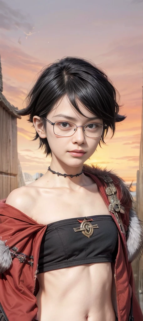 masterpiece, best quality, (realistic,photo-realistic:1.4), (RAW photo:1.2), extremely detailed CG unity 8k wallpaper, delicate and beautiful, amazing,finely detail, official art, absurdres, incredibly absurdres, huge filesize, ultra-detailed,extremely detailed eyes and face,light on face,sarada,(smirk:1.4),(black hair:1.4),(very short hair:1.4),nature,sarada uchiha,(wearing black framed glasses:1.5),(wearing viking outfit:1.5),navel,shorts,(nature:1.4),tubetop,(wolf fur cloak:1.4)