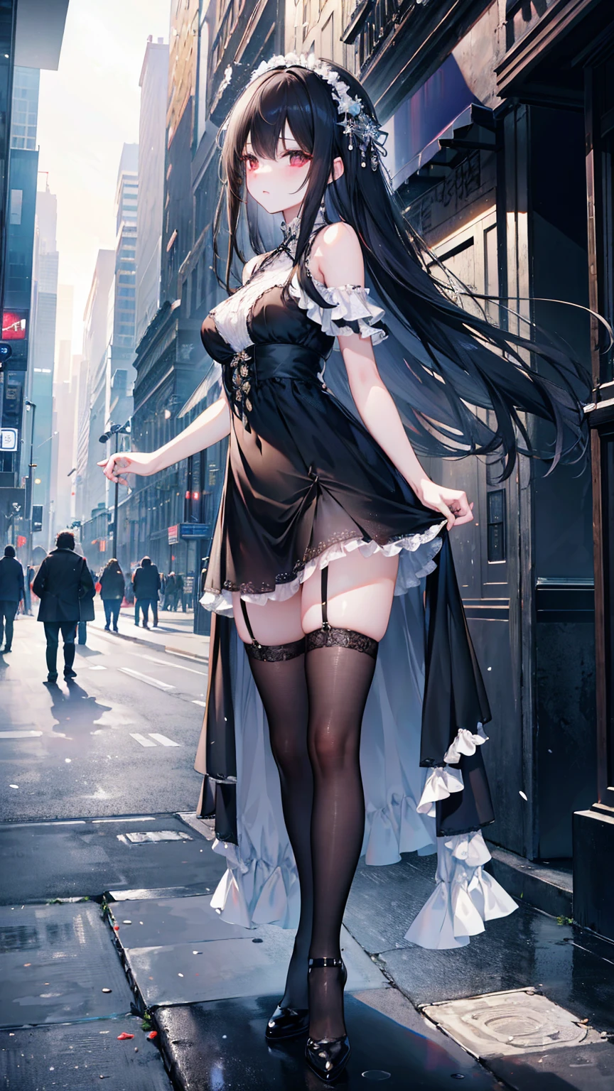 (Vulgar,nsfw),(skirt lift,very windy),(beautiful elegant white panties),very low angle,from below),((masterpiece, highest resolution,best quality)),  (beautiful photo realistic illustration), ((semi long beautiful hair,blunt bangs,pony tail,beautiful eyes)),(solo),(beautiful elegant office blouse and black skirt,skirt lifted by the wind),(looking at the viewer), (walking around the shopping mall),
(innocent smile, Embarrassed),(white over-kneehighs,Lace chalker, wristband, fingerless gloves, over-kneehighs,
Lace chalker, diamond necklace,wristband, fingerless gloves, earrings), (cinematic lighting, very windy),shopping mall,big city,busy street,day,blue sky,flowers and trees,crowded,(from the ground),(beautiful elegant Underwear patterns),