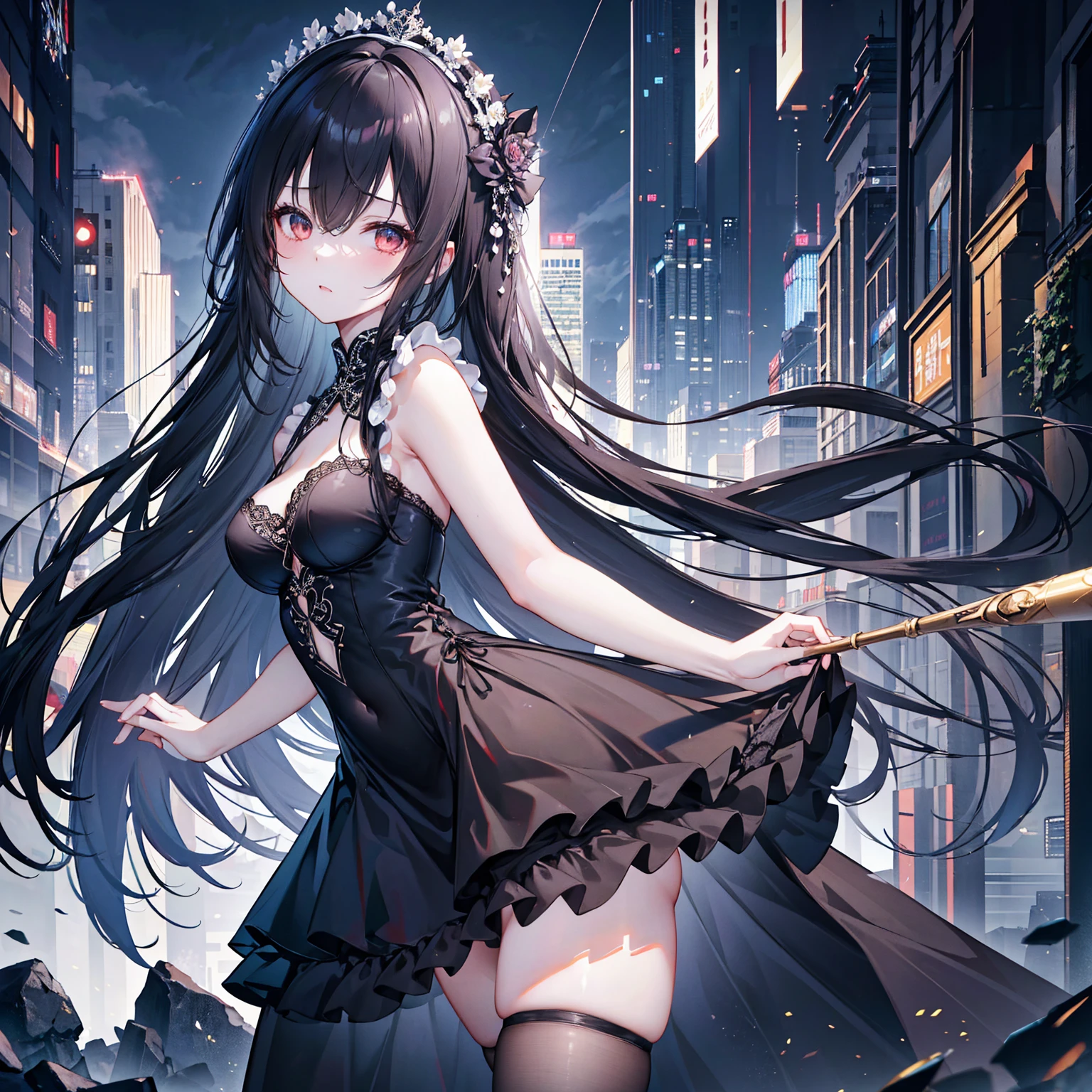 A boy and a girl, 1 woman (She has long black hair), Lovers,1 man (he has short black hair).wearing a formal dress, Anime style,Delicate facial features,Beautiful eyes,Expression smile,Delicate facial features,Pretty Face,daytime, Stand in the city at night, Neon,Backlight