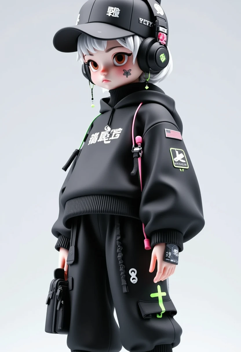 (masterpiece,  has the best quality:1.2), 1 Girl,Fashion，hat，Cute 3D ， model figure，cool，neon green, headset, creative,  unique