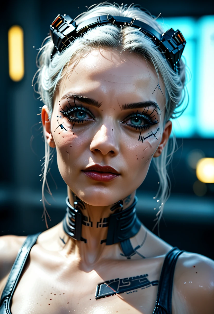 arafed woman with a mask and a metal headpiece, cyberpunk face, beautiful cyberpunk girl face, cybernetic machine female face, hyper-realistic cyberpunk style, wojtek fus, cyberpunk style ， hyperrealistic, cyberpunk horror style, cyborg girl, cyborg - girl, portrait of a cyberpunk cyborg, cyberpunk cyborg, trending on artstation 4k, cyberpunk cyborg wasp