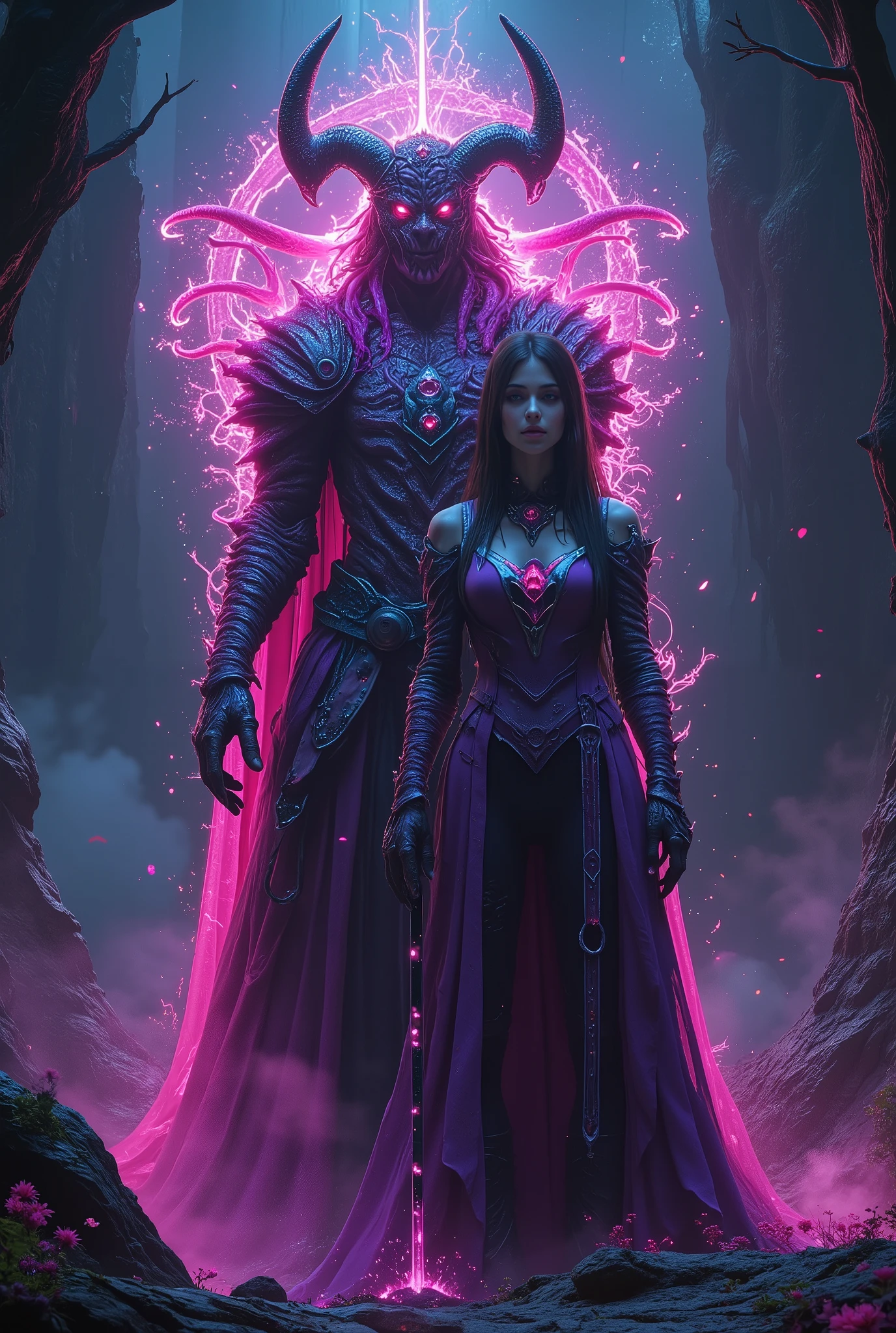 score_9, score_8_up, score_7_up, score_6_up, score_5_up, score_4_up, (best quality,4K,8k,highres,masterpiece:1.2), (super realistic photo:1.6), A neon-colored, mutant Grimm knight, stunning female, (Cthulhu Bishop:1.2), highly detailed, ultra-realistic, 8K, cinematic lighting, dramatic shadows, vibrant neon colors, glowing energy, intricate armor, twisted and distorted features, eldritch horror, dark fantasy, photorealistic
