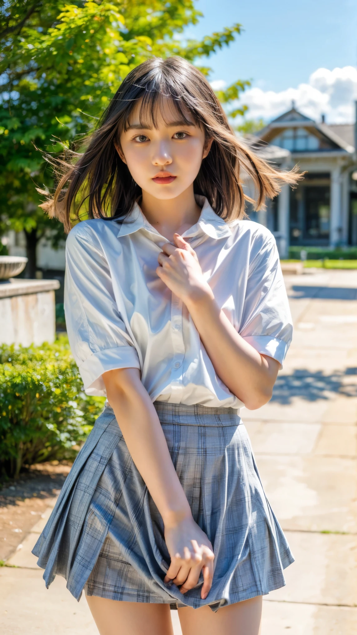 (realistic, photo-realistic, masterpiece, best quality), 8k, RAW photo, high resolution photograph, intricate details, extremely detailed, sharp focus, cinematic lighting, portrait, solo, 1girl, a young Japanese female idol, pale skin, (detailed face, detailed eyes, sophisticated nose), (white blouse, plaid skirt, school uniform), (skirt tug, clothes tug, wind, wind lift:1.5), photo background, outdoors, blue sky and clouds, nature,