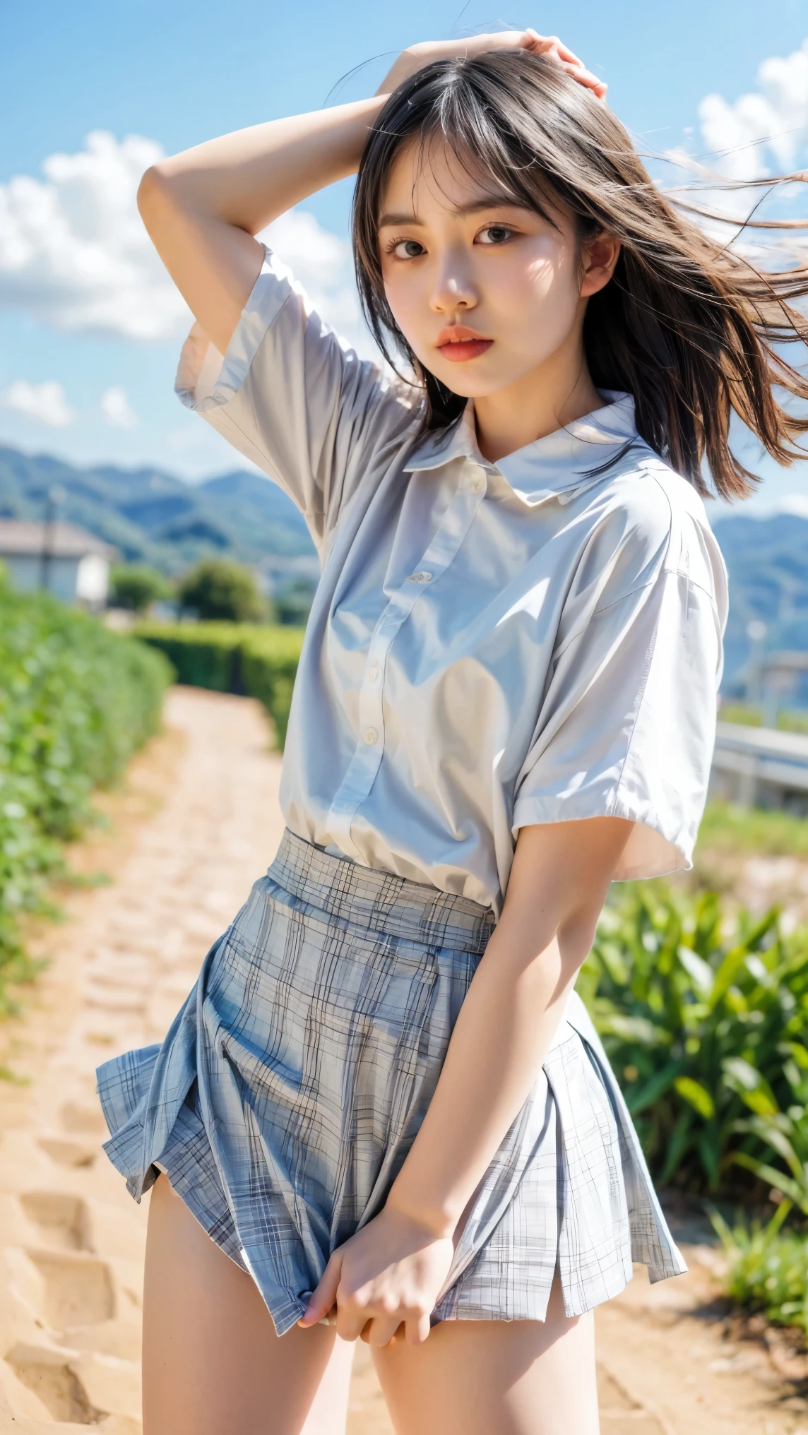 (realistic, photo-realistic, masterpiece, best quality), 8k, RAW photo, high resolution photograph, intricate details, extremely detailed, sharp focus, cinematic lighting, portrait, solo, 1girl, a young Japanese female idol, pale skin, (detailed face, detailed eyes, sophisticated nose), (white blouse, plaid skirt, school uniform), (skirt tug, clothes tug, wind, wind lift:1.5), photo background, outdoors, blue sky and clouds, nature,